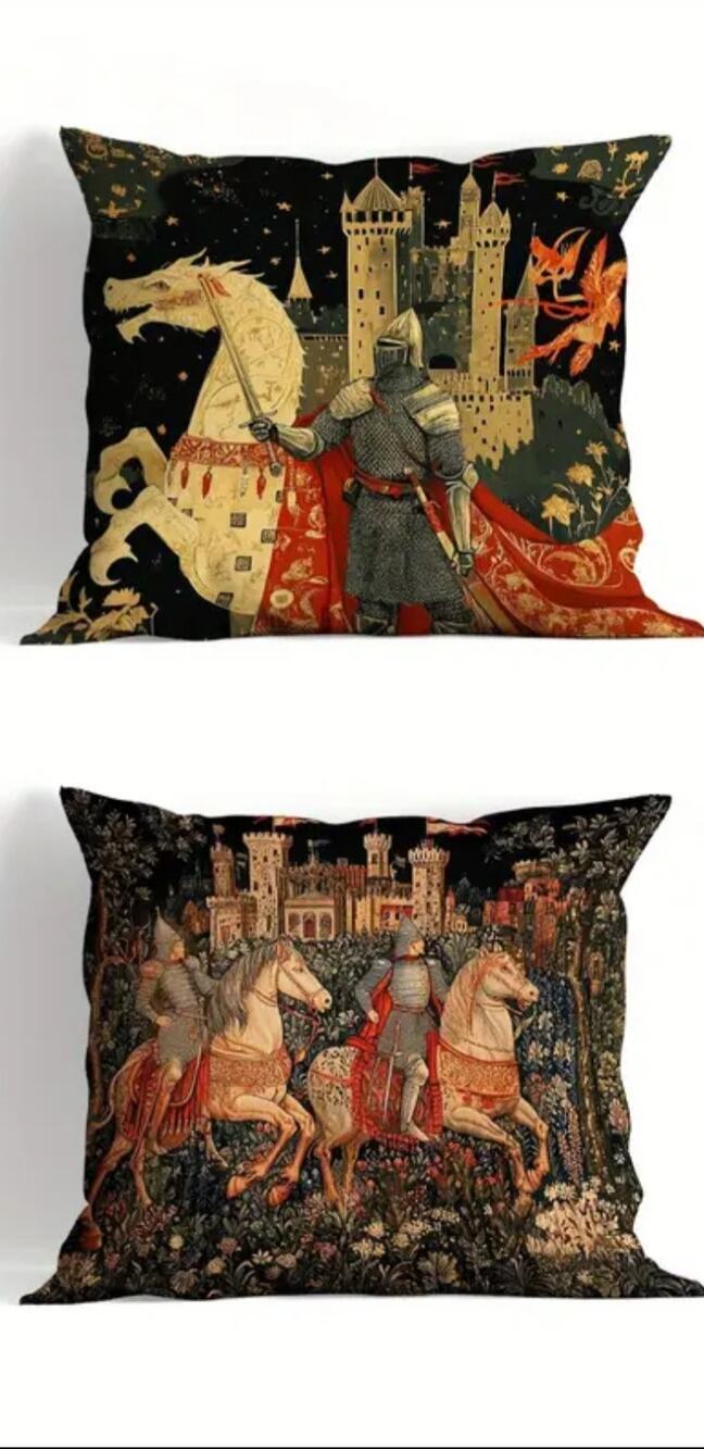 2 Medieval Knights Pillowcase Covers Only 18"x18" Castles Fairycore Ren Faire